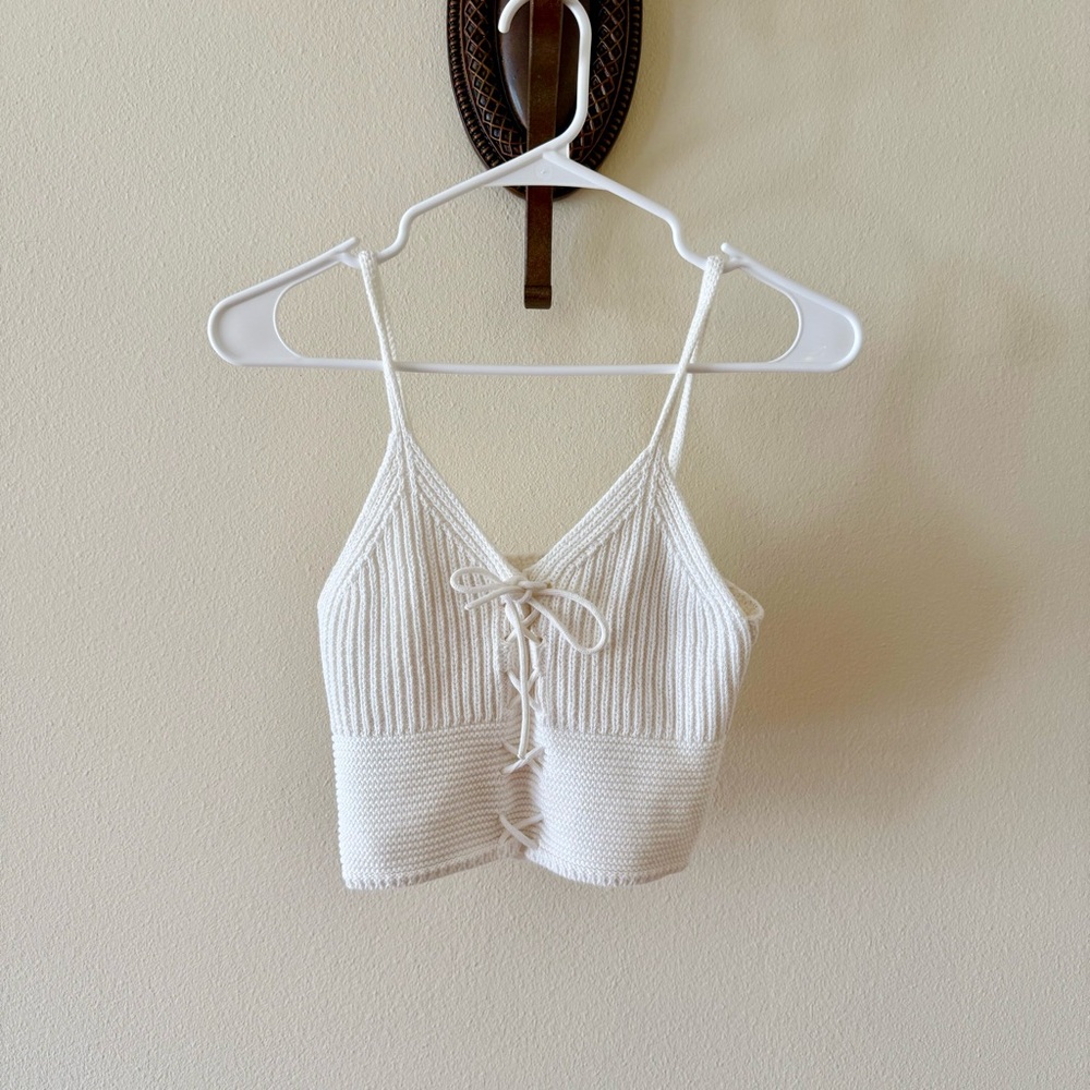 Mango White Knit Lace-Up Crop Top